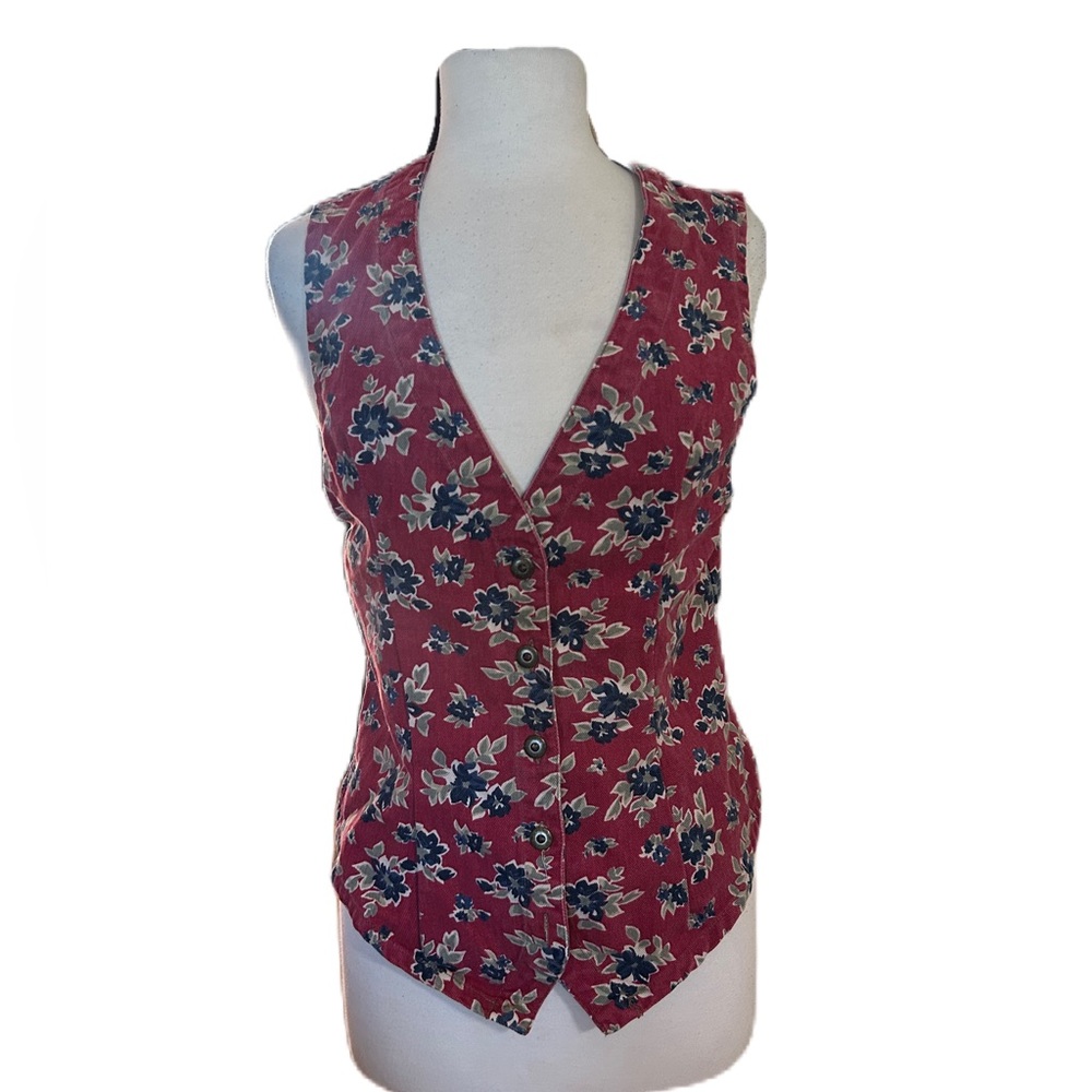 Vintage Cherokee Floral Vest Womens Small Red V Neck Classic Nature Flowers 90s